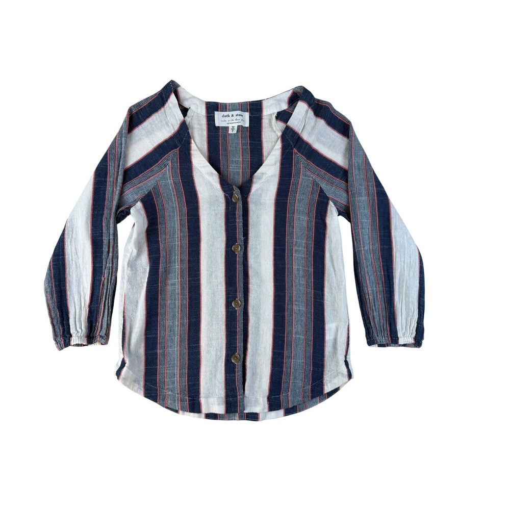 Cloth & Stone XS Top Striped Coastal 100% Cotton Button Front V-Neck